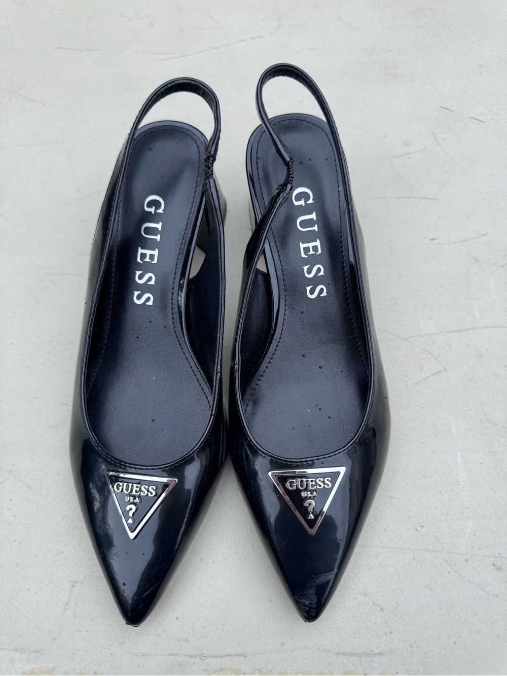 GUESS Black Patent Pointed Slingback Pumps with Logo Plaque